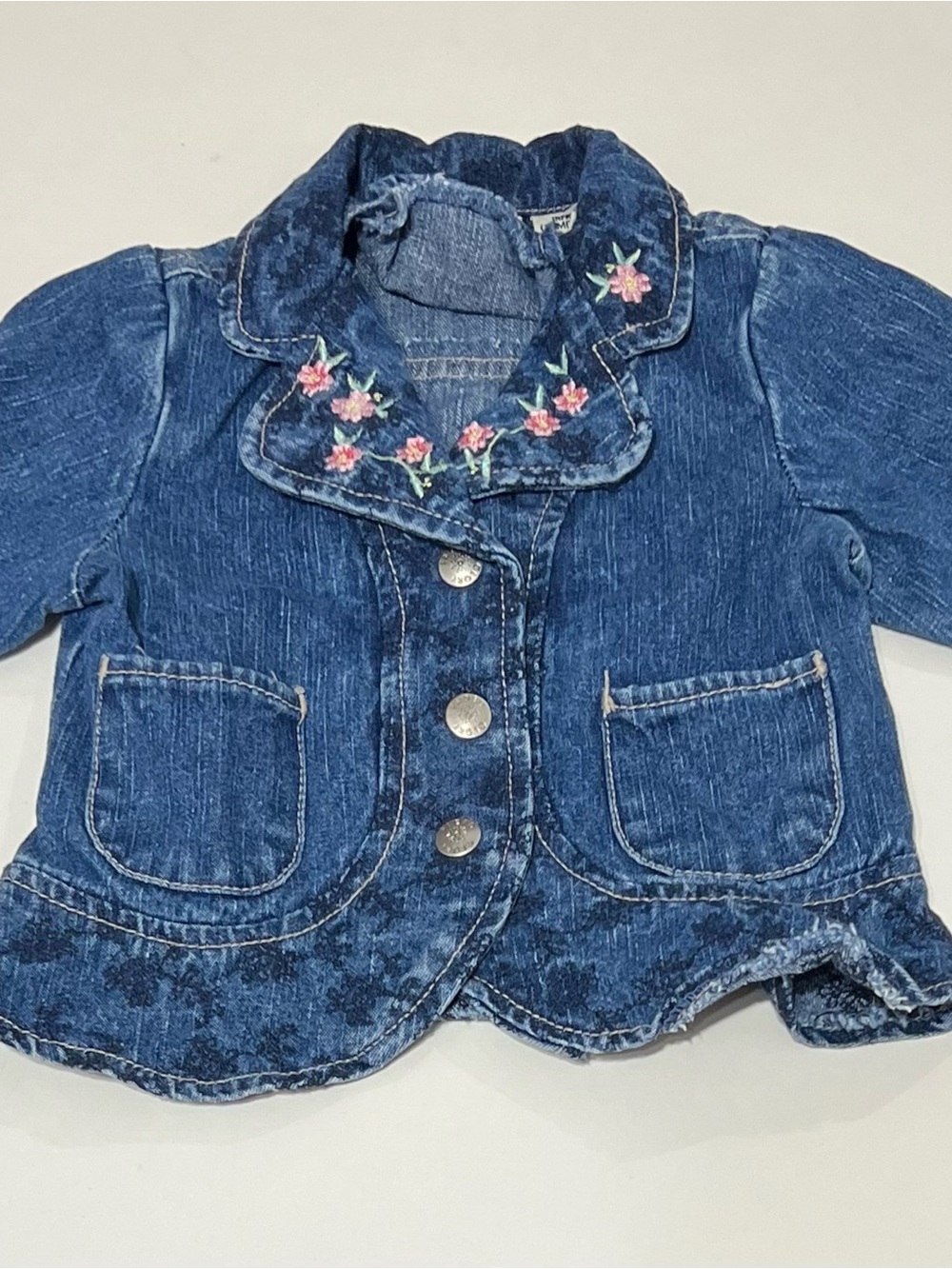Faded Glory 12 Months Vintage Style Denim Jacket with Pink Floral Embroidery